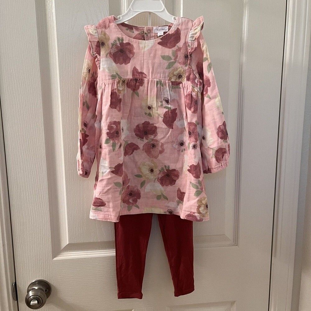 Angel Dear Bordeaux Floral Cotton Dress & Bamboo Legging Set Girls Size 3T NWT